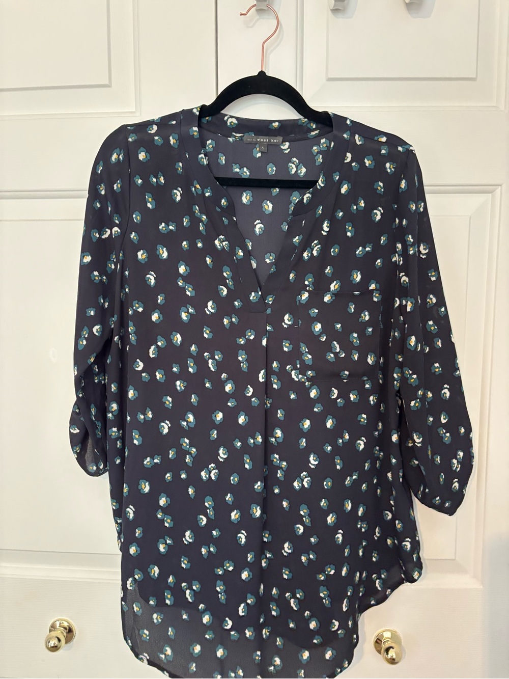West Kei Black Printed Split-Neck Blouse